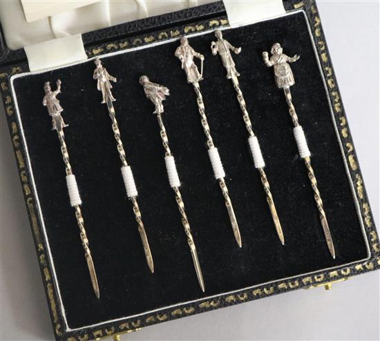 A cased set of six 1970s silver Dickensian cherry sticks, 93mm.